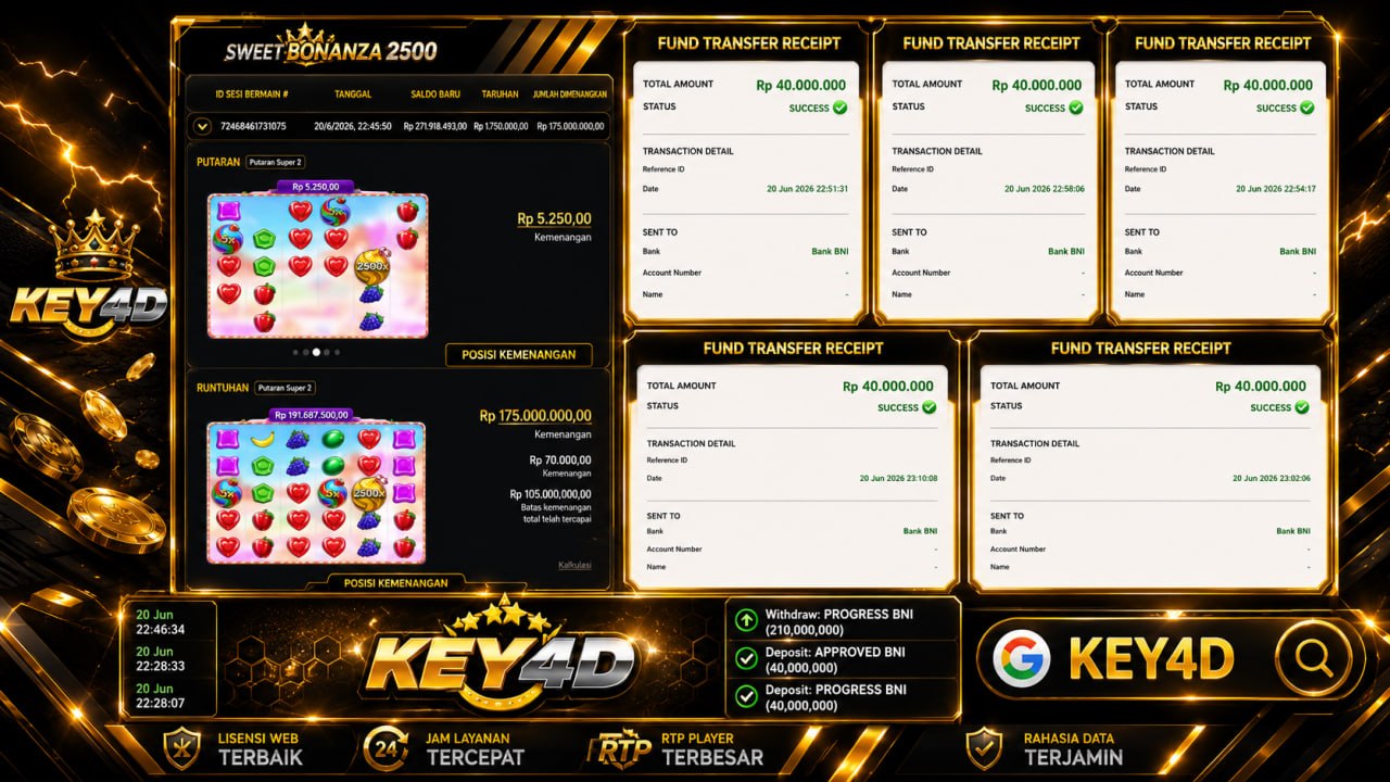 🔥 SELAMAT KEPADA MEMBER KEY4D 🔥
DEPOSIT : RP 40.000.000
WITHDRAW : RP 210.000.00