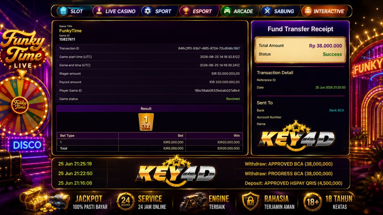 SELAMAT KEPADA MEMBER KEY4D
DEPOSIT : RP 4.500.000
WITHDRAW : RP 38.000.000
LINK