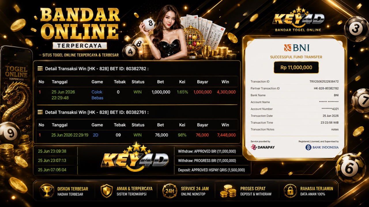 TOGEL ONLINE KEY4D
DEPOSIT : RP 1.500.000
WITHDRAW : RP 11.000.000
LINK DAFTAR: 