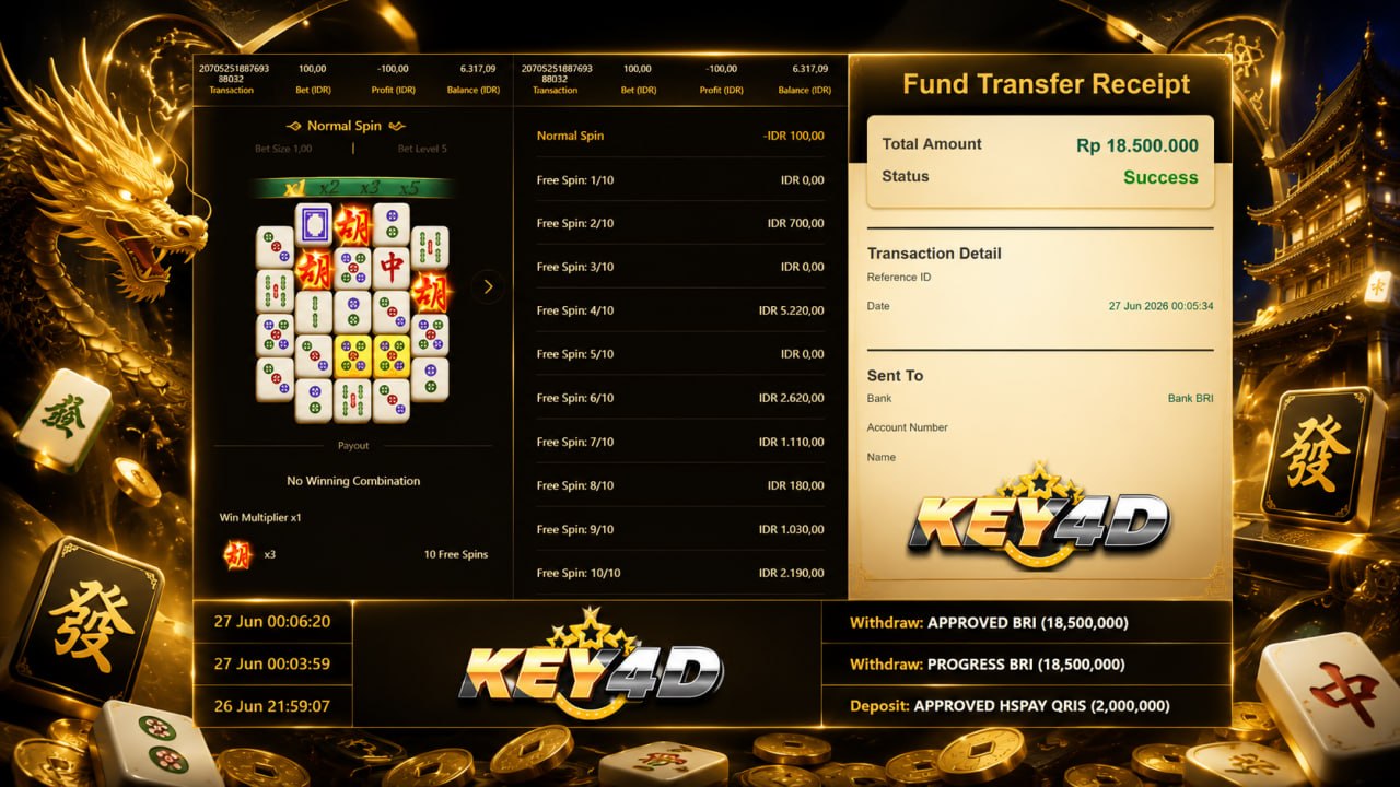 SELAMAT KEPADA MEMBER KEY4D
DEPOSIT : RP 2.000.000
WITHDRAW : RP 18.500.000
LINK