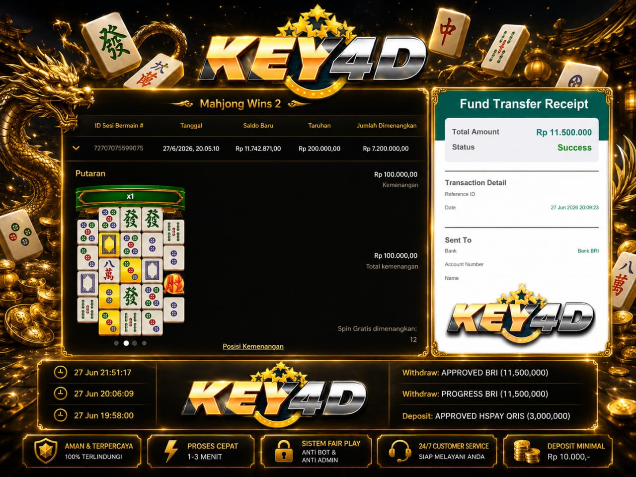 SELAMAT KEPADA MEMBER KEY4D
DEPOSIT : RP 3.000.000
WITHDRAW : RP 11.500.000
LINK