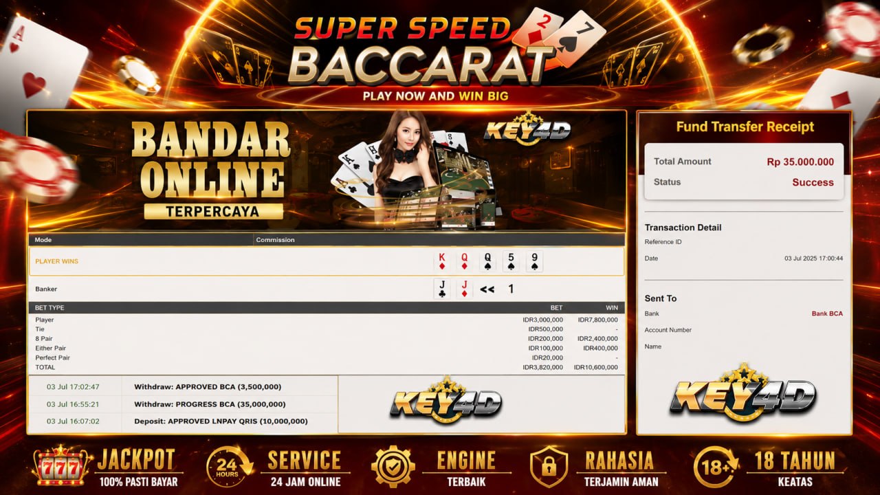 SPEED BACCARAT GACOR KEY4D
DEPOSIT : RP 10.000.000
WITHDRAW : RP 35.000.000
LINK