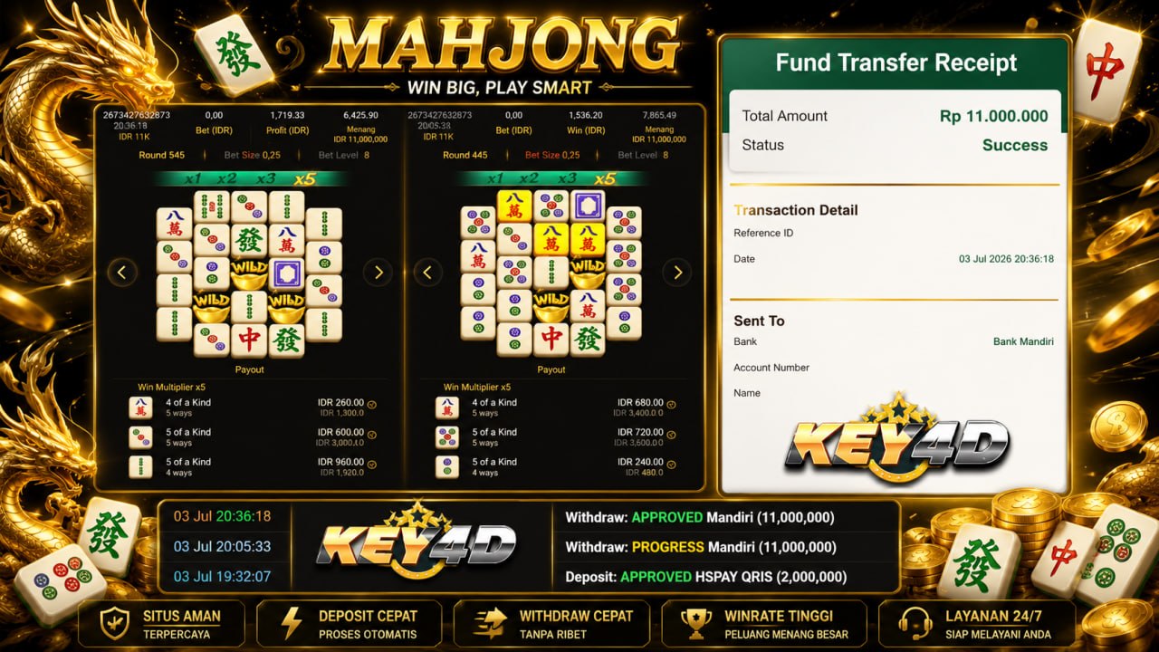 MAHJONG GACOR KEY4D
DEPOSIT : RP 2.000.000
WITHDRAW : RP 11.000.000
LINK DAFTAR: