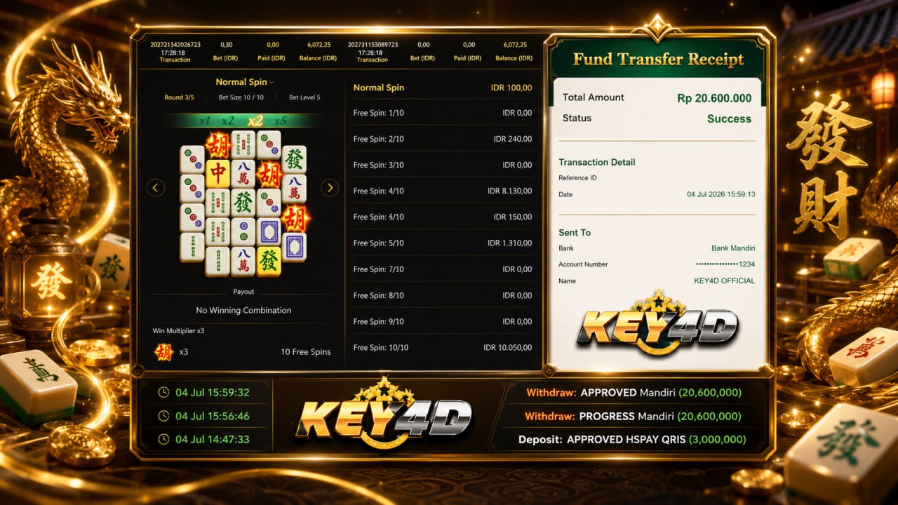 🔥 MAHJONG GACOR KEY4D 🔥
DEPOSIT : RP 3.000.000
WITHDRAW : RP 20.600.000
LINK DAF