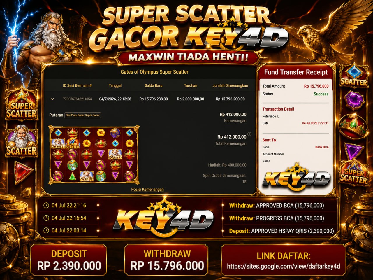 🔥 SUPER SCATTER GACOR KEY4D 🔥
DEPOSIT : RP 2.390.000
WITHDRAW : RP 15.796.000
LI