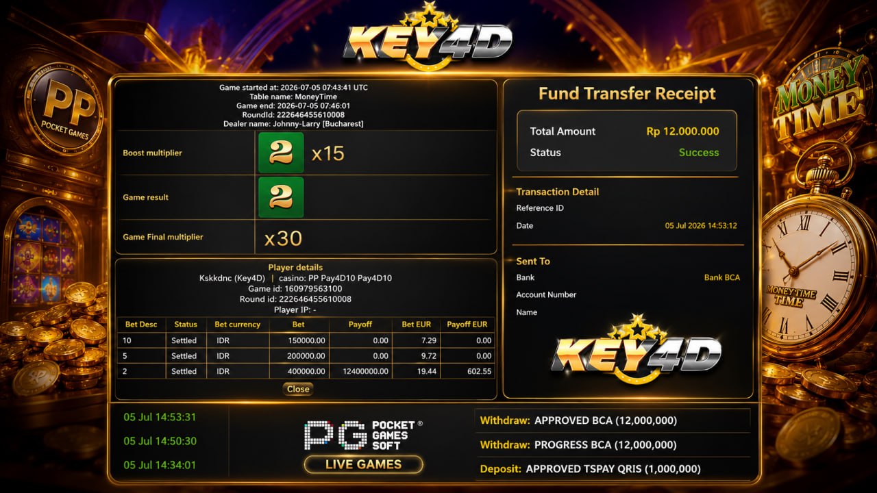 🔥 LIVE GAMES MONEY TIME GACOR KEY4D 🔥
DEPOSIT : RP 1.000.000
WITHDRAW : RP 12.00