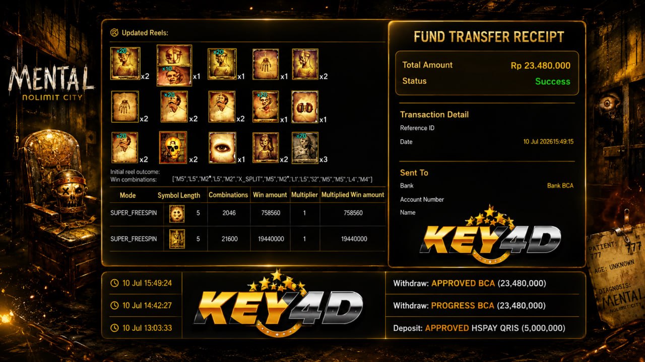 🔥 MENTAL NOLIMIT CITY GACOR KEY4D 🔥
DEPOSIT : RP 5.000.000
WITHDRAW : RP 23.480.