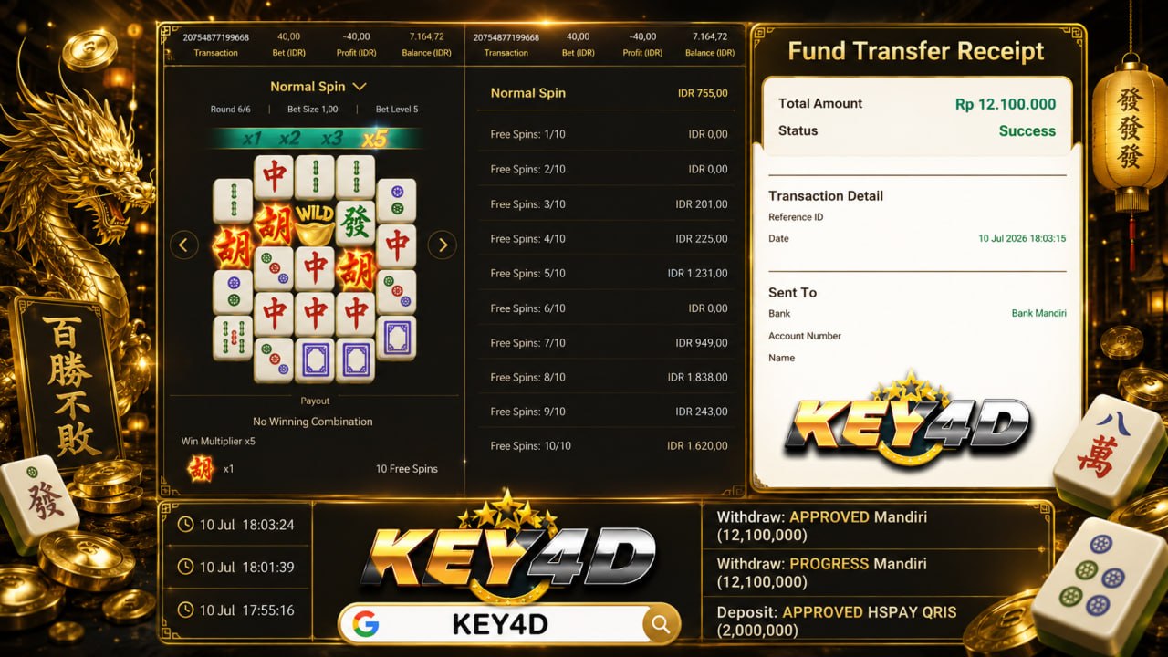 🔥 MAHJONG GACOR KEY4D 🔥
DEPOSIT : RP 2.000.000
WITHDRAW : RP 12.100.000
LINK DAF