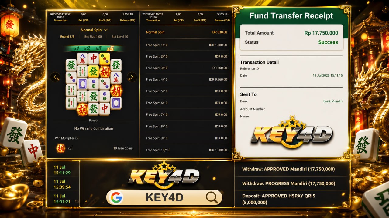 🔥 MAHJONG GACOR KEY4D 🔥
DEPOSIT : RP 5.000.000
WITHDRAW : RP 17.750.000
LINK DAF