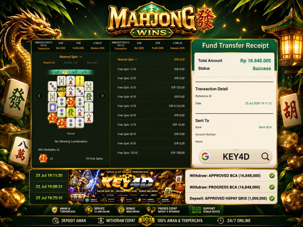 🔥 MAHJONG GACOR KEY4D 🔥
DEPOSIT : RP 1.000.000
WITHDRAW : RP 16.848.000
LINK DAF