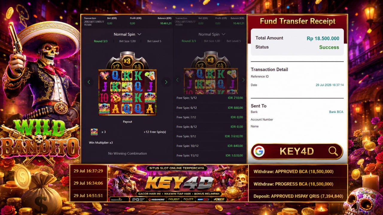 🔥 WILD BANDITO GACOR KEY4D 🔥
DEPOSIT : RP 7.394.840
WITHDRAW : RP 18.500.000
LIN