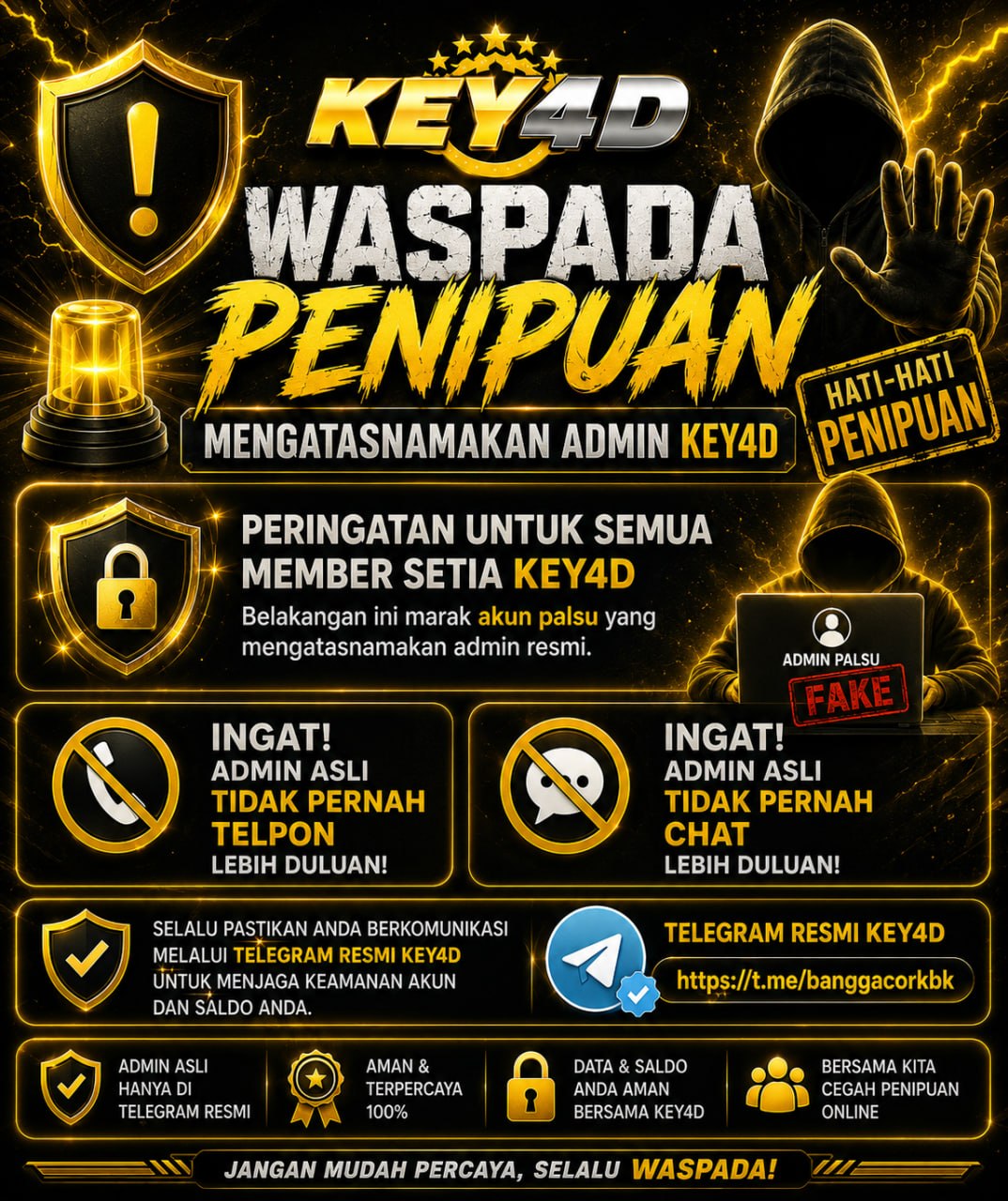 WASPADA PENIPUAN MENGATASNAMAKAN ADMIN KEY4D
TELEGRAM RESMI KEY4D https://t.me/b