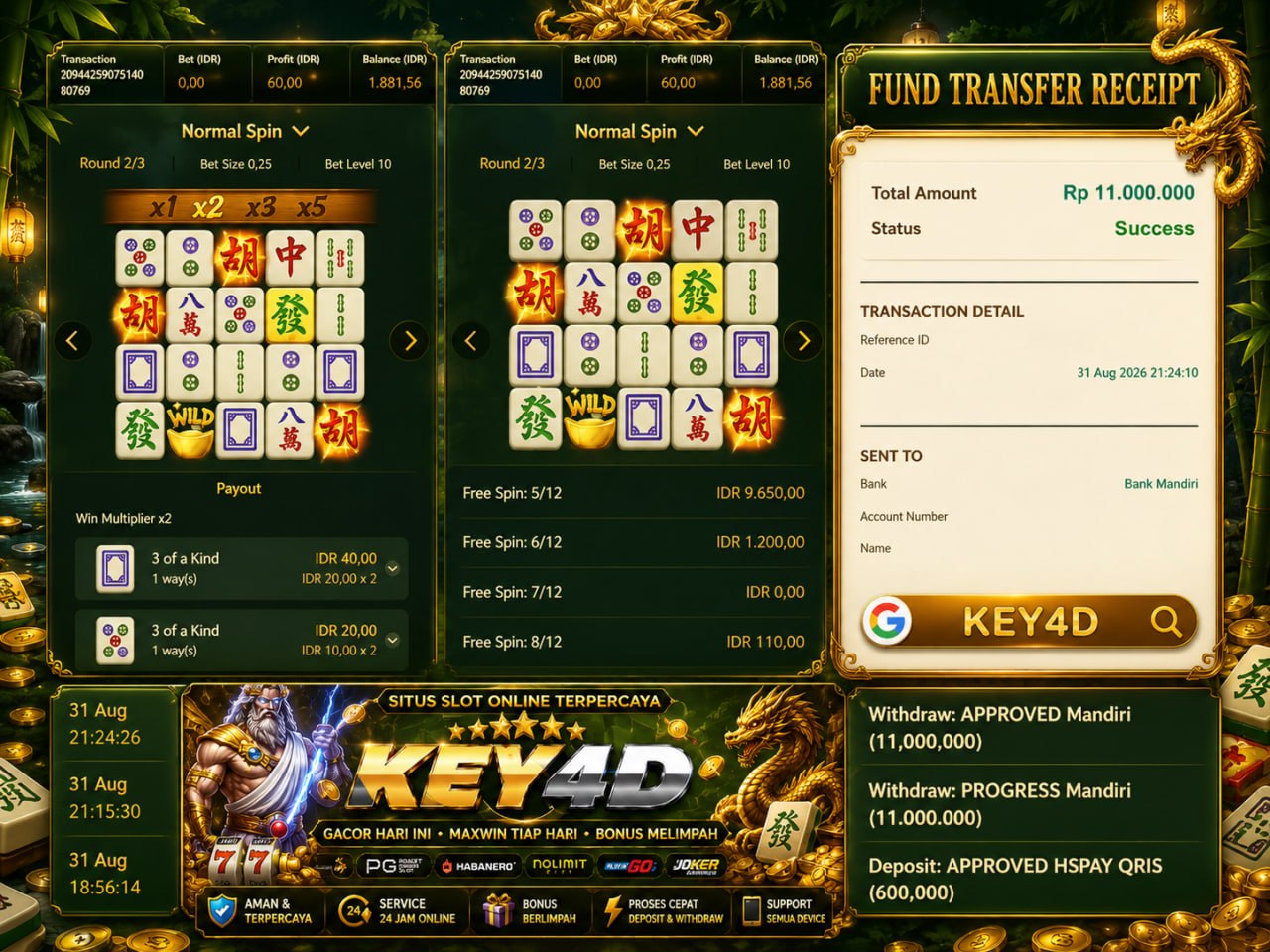 🔥 MAHJONG GACOR KEY4D 🔥
DEPOSIT : RP 600.000
WITHDRAW : RP 11.000.000
LINK DAFTA